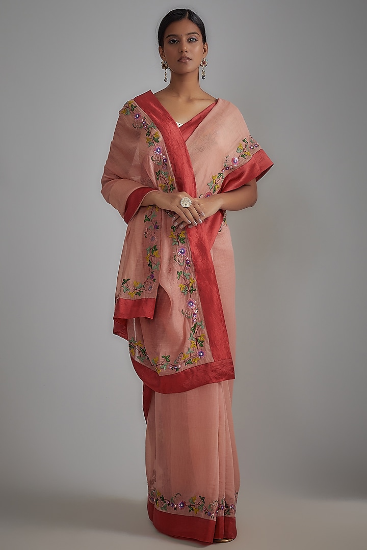 Peach & Red Organic Cotton Silk Embroidered Saree Set by Bhusattva