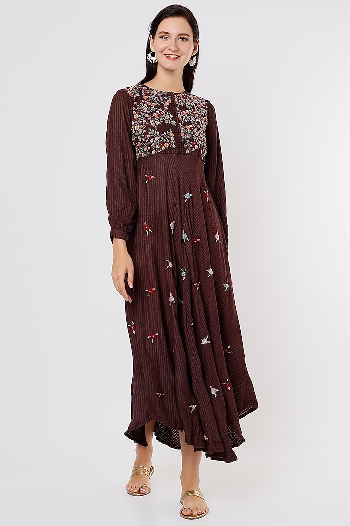 Brown Embroidered Dress by Bhusattva at Pernia's Pop Up Shop