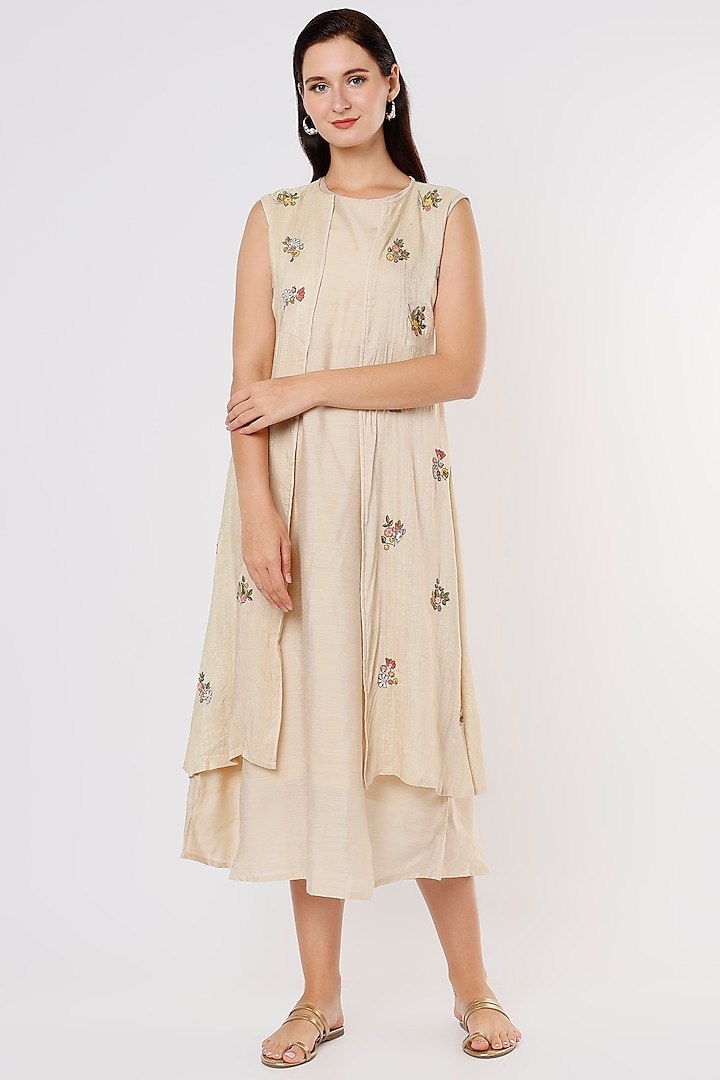Beige Organic Silk Dress With Shrug by Bhusattva