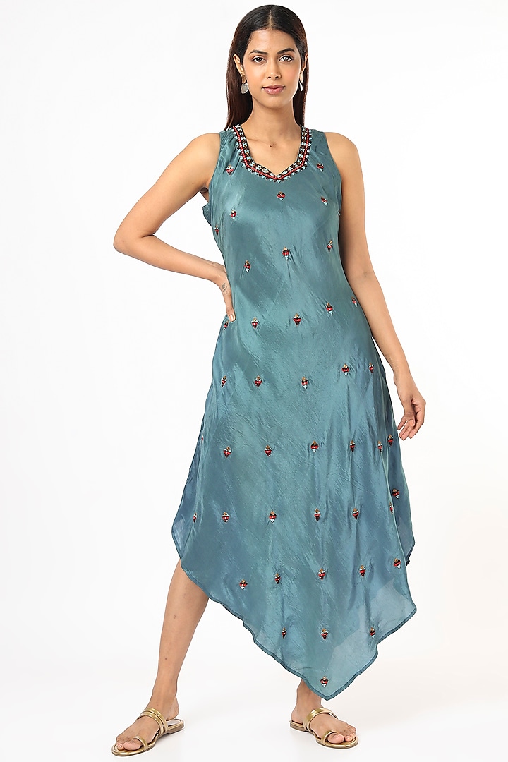 Green Hand Embroidered Dress by Bhusattva