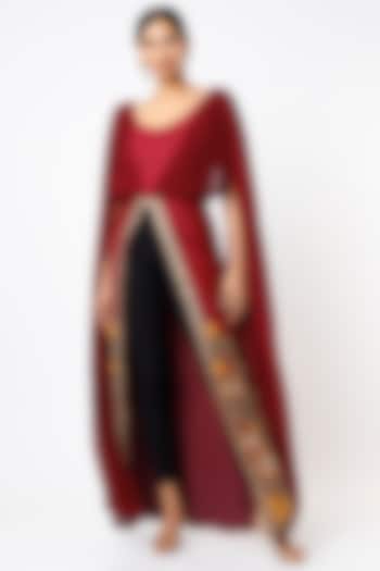 Maroon Hand Embroidered Draped Dress by Bhusattva