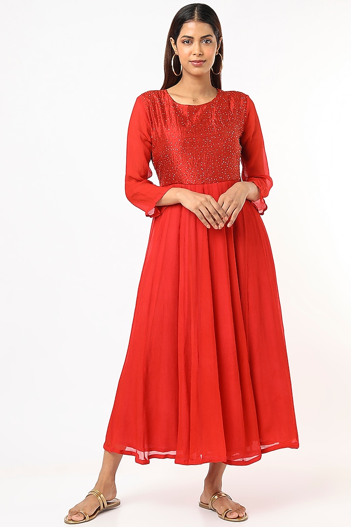 Scarlet Red Embroidered A-Line Dress by Bhusattva