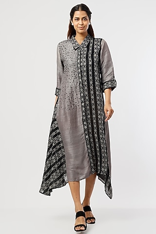 Slate Grey & Black Embroidered Dress by Bhusattva