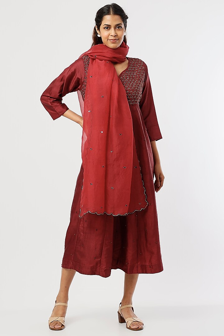 Deep Maroon Embroidered Dress by Bhusattva