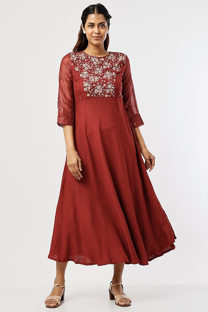 Red Hand Embroidered Dress by Bhusattva