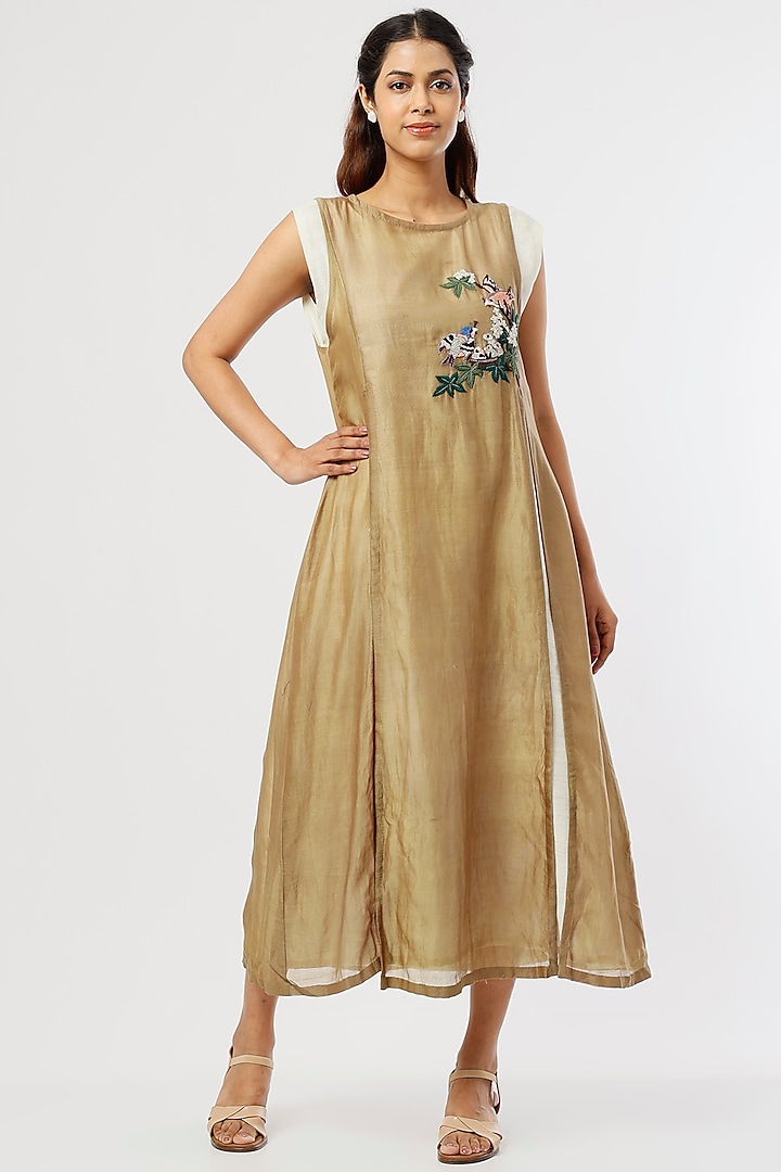 Beige Embroidered A-Line Dress by Bhusattva