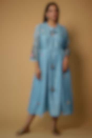 Powder Blue Organic Cotton Silk Embroidered Shrug Dress by Bhusattva