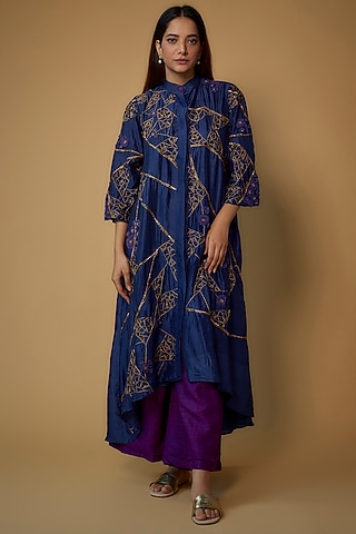 Ink Blue Organic Silk Embroidered Asymmetric Kurta Set by Bhusattva