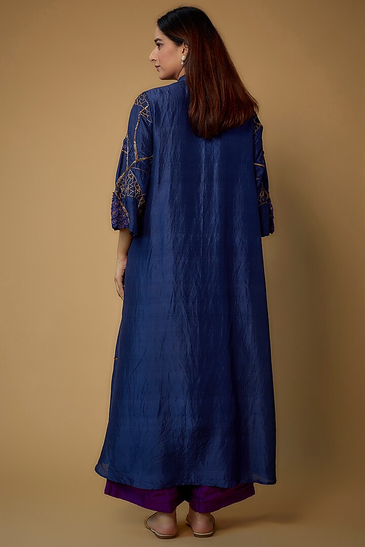 Ink Blue Organic Silk Embroidered Asymmetric Kurta Set by Bhusattva at Pernia's Pop Up Shop