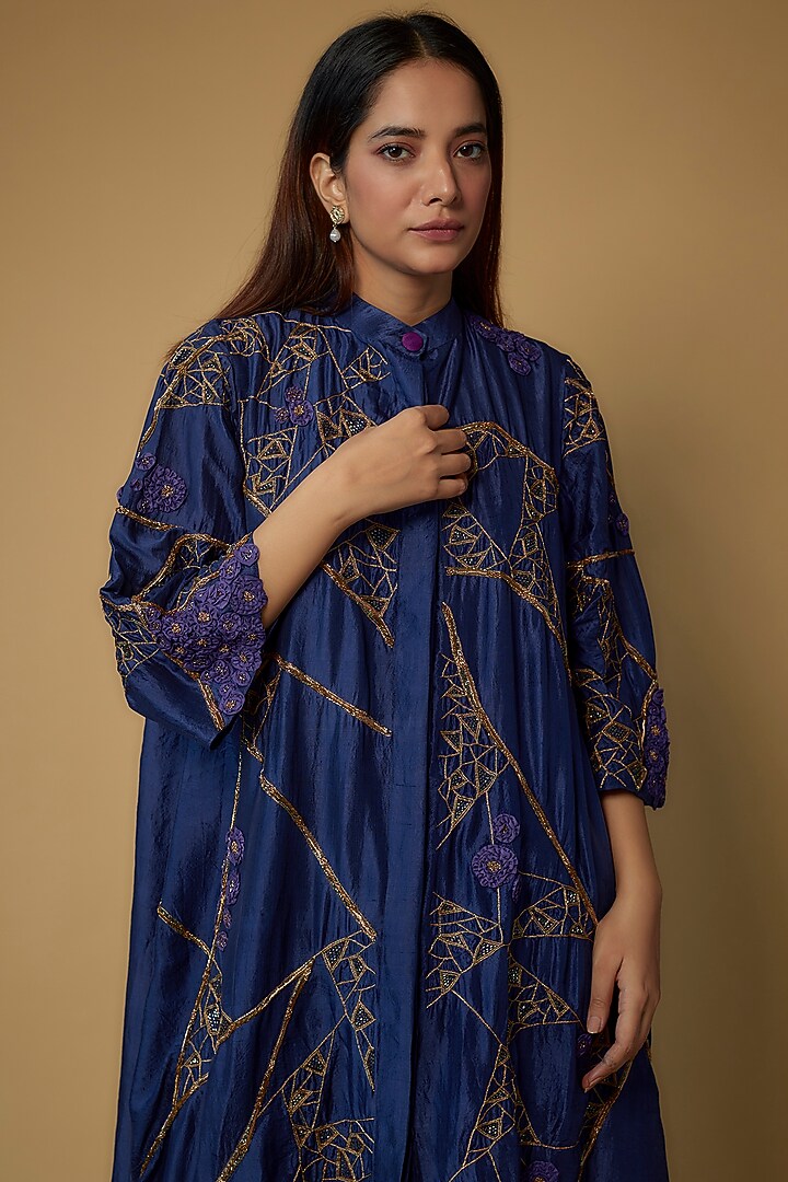 Ink Blue Organic Silk Embroidered Asymmetric Kurta Set by Bhusattva at Pernia's Pop Up Shop