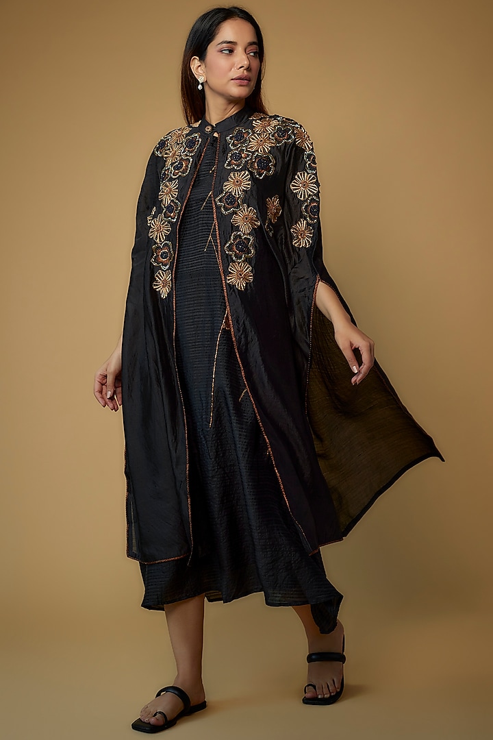 Black Organic Silk Embroidered Jacket Dress by Bhusattva