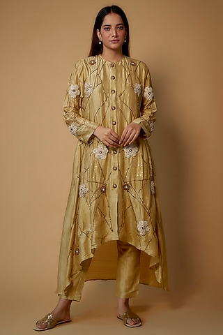 Beige Organic Silk Embroidered Kurta Set by Bhusattva