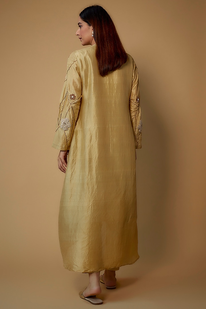 Beige Organic Silk Embroidered Kurta Set by Bhusattva at Pernia's Pop Up Shop