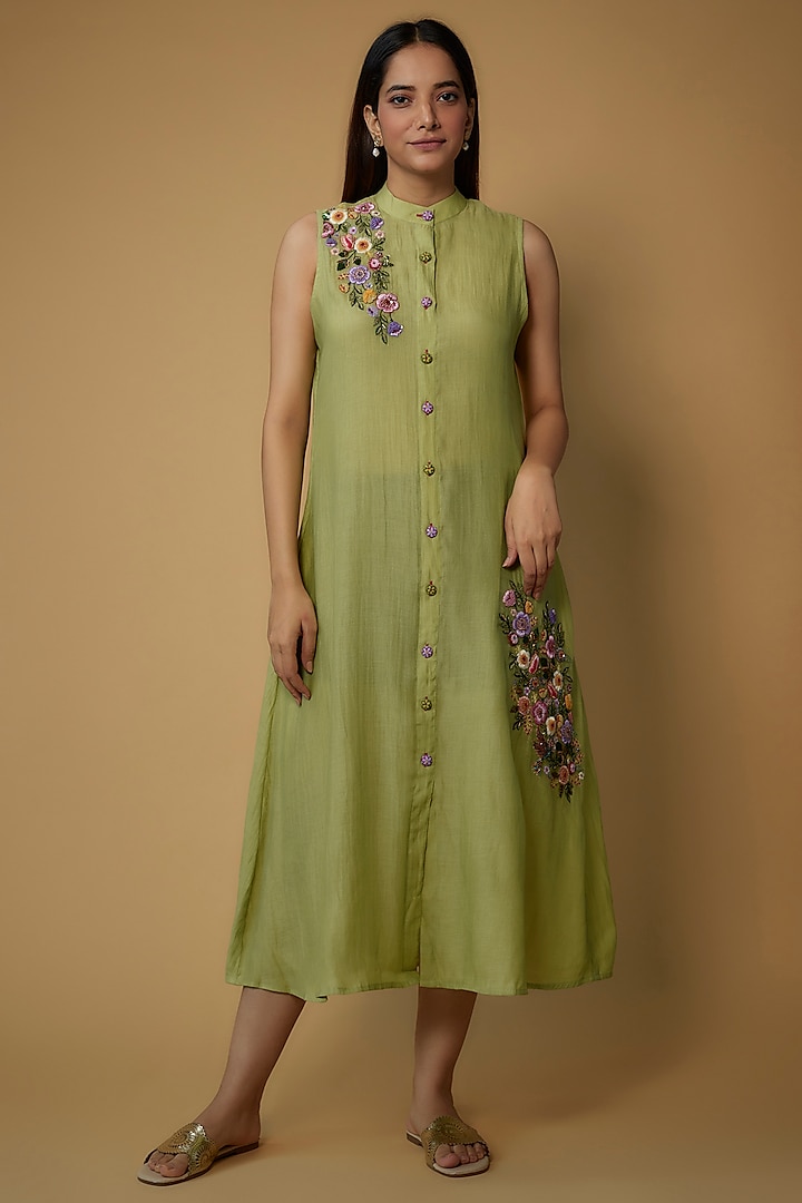 Light Olive Organic Cotton Silk Embroidered A-line Dress by Bhusattva