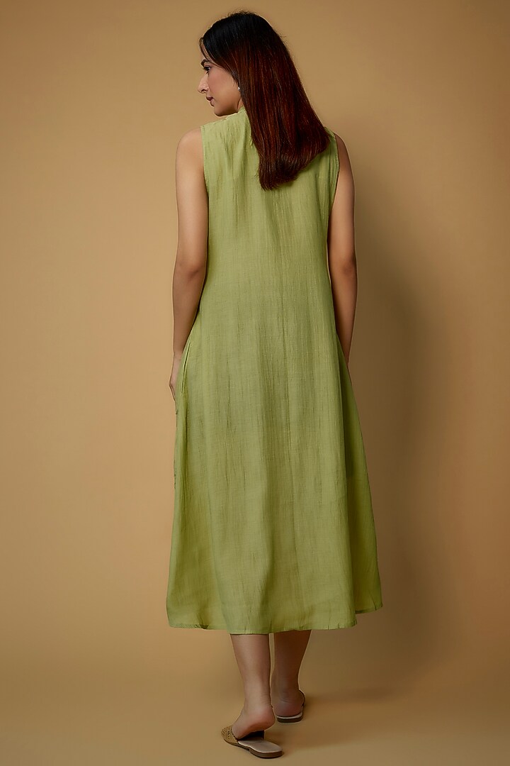 Light Olive Organic Cotton Silk Embroidered A-line Vacation Dress by Bhusattva at Pernia's Pop Up Shop