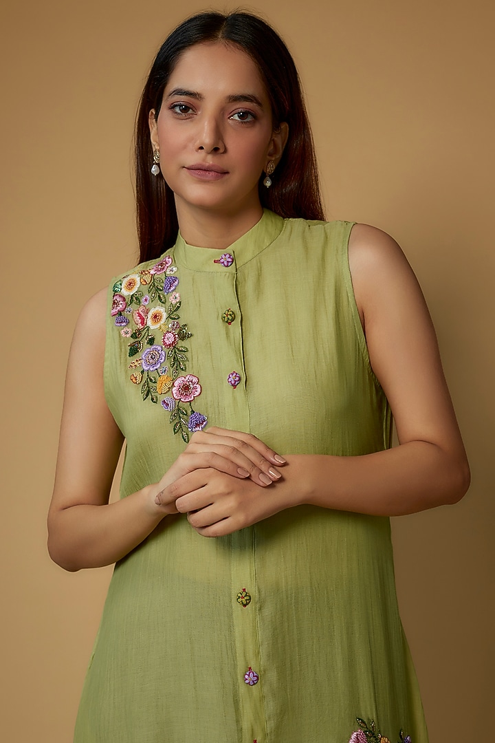 Light Olive Organic Cotton Silk Embroidered A-line Vacation Dress by Bhusattva at Pernia's Pop Up Shop