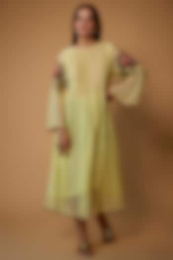 Lemon Yellow Organic Cotton Silk Embroidered Dress by Bhusattva