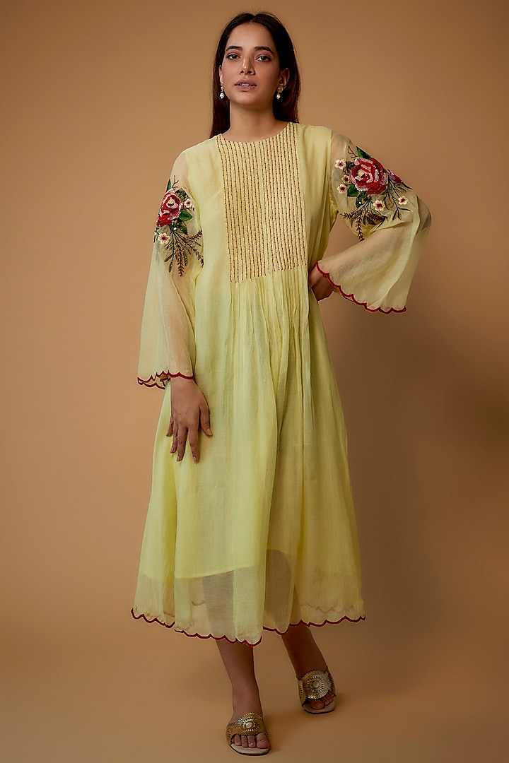 Lemon Yellow Organic Cotton Silk Embroidered Dress by Bhusattva