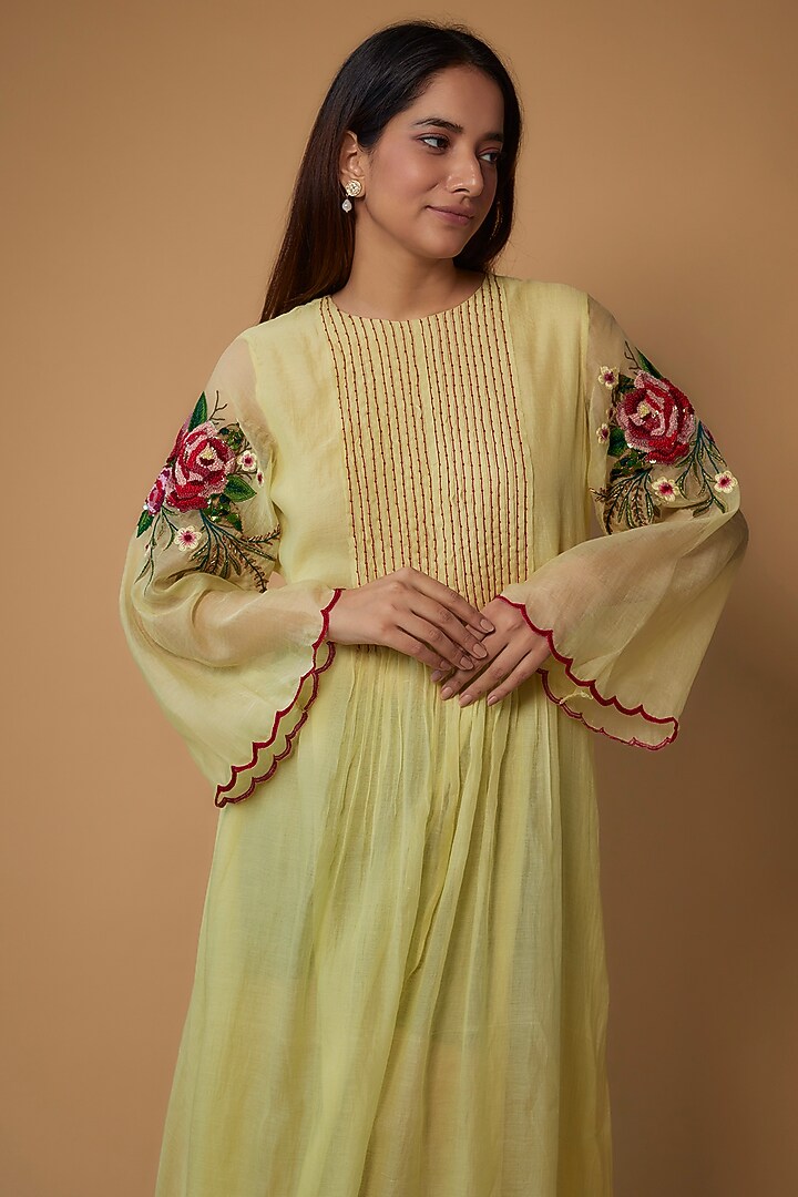 Lemon Yellow Organic Cotton Silk Embroidered Vacation Dress by Bhusattva at Pernia's Pop Up Shop