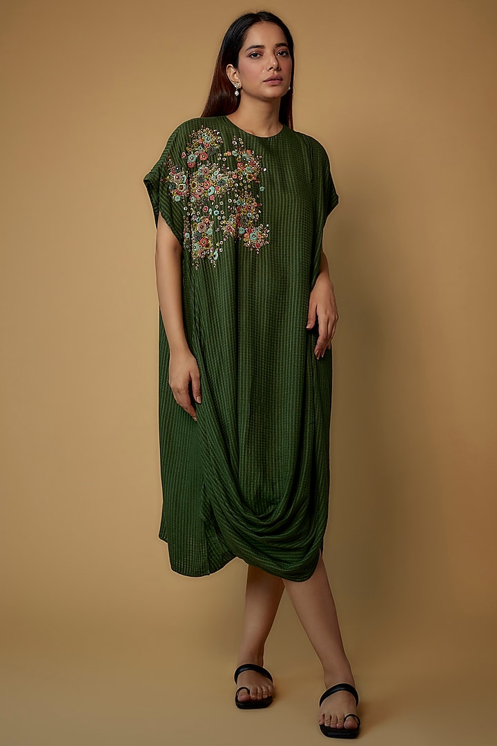 Dark Green Organic Silk Jacquard Embroidered Cowl Dress by Bhusattva