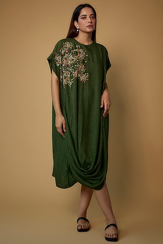 Dark Green Organic Silk Jacquard Embroidered Cowl Dress by Bhusattva