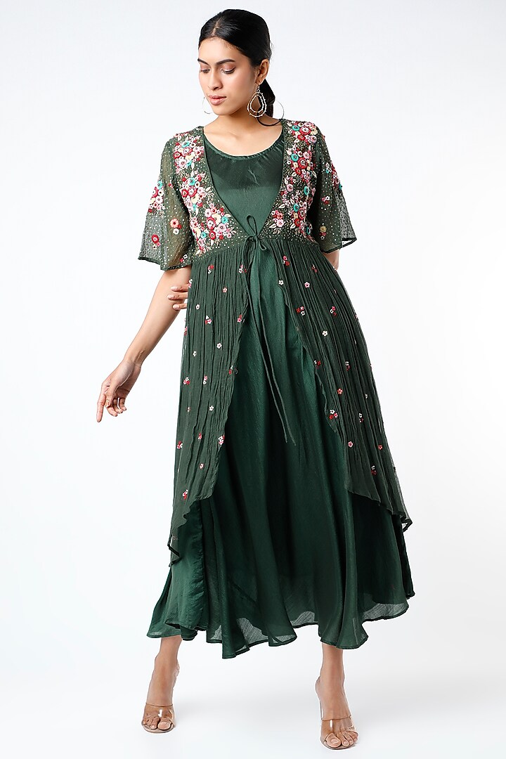 Emerald Green Asymmetrical Front-Open Dress by Bhusattva