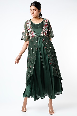 Emerald Green Asymmetrical Front-Open Dress by Bhusattva