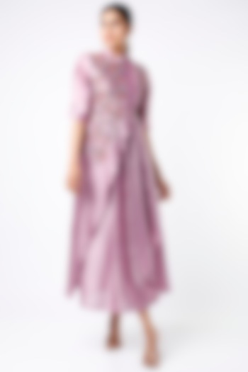 Mauve Hand Embroidered Front-Open Paneled Dress by Bhusattva