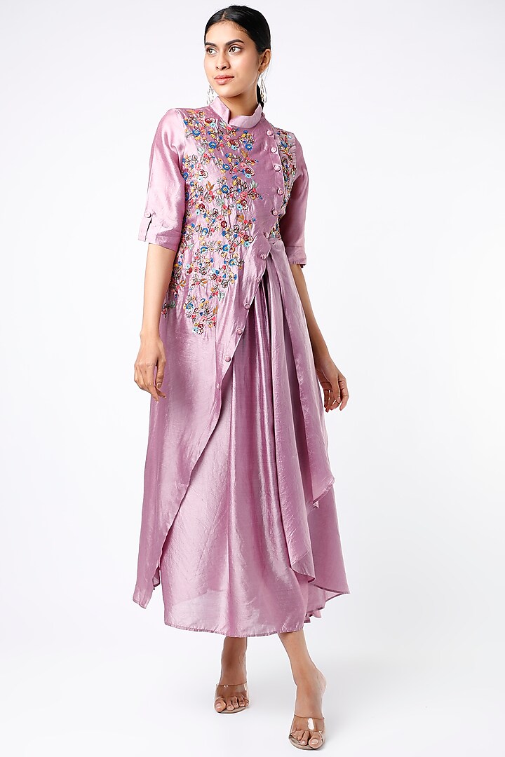 Mauve Hand Embroidered Front-Open Paneled Dress by Bhusattva
