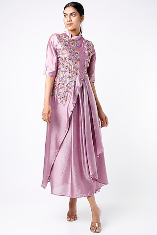 Mauve Hand Embroidered Front-Open Paneled Dress by Bhusattva