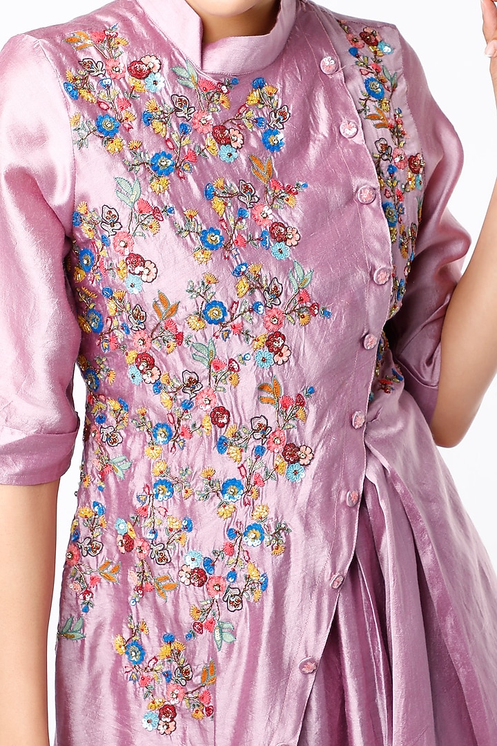 Mauve Hand Embroidered Front-Open Paneled Vacation Dress by Bhusattva at Pernia's Pop Up Shop