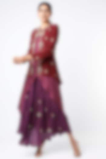 Purple Hand Embroidered Layered Dress With Jacket by Bhusattva