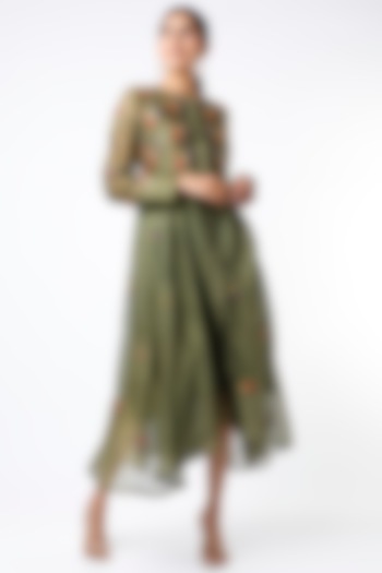 Olive Green Organic Silk Dress With Shrug by Bhusattva
