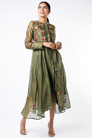 Olive Green Organic Silk Dress With Shrug by Bhusattva