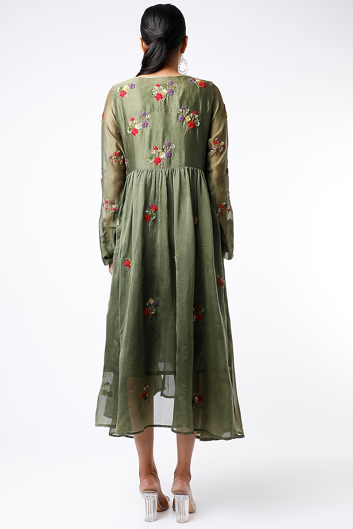 Olive Green Organic Silk Vacation Dress With Shrug by Bhusattva at Pernia's Pop Up Shop