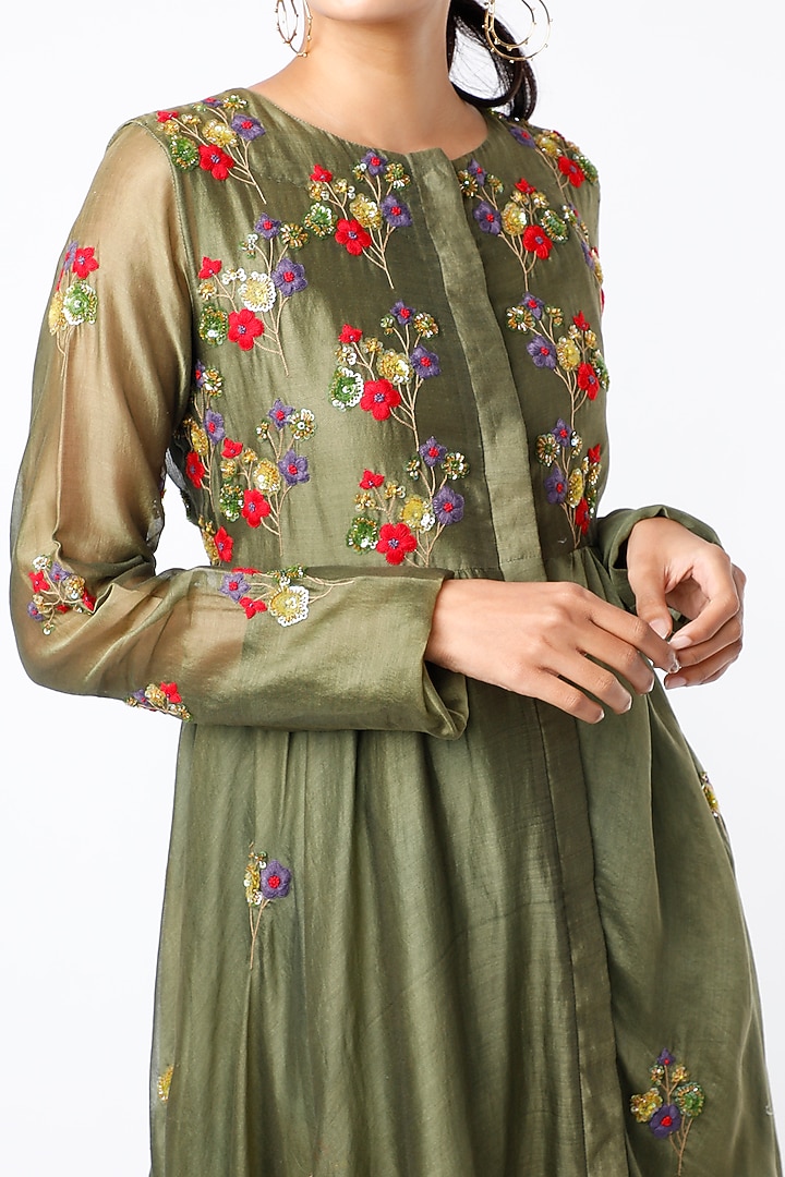 Olive Green Organic Silk Vacation Dress With Shrug by Bhusattva at Pernia's Pop Up Shop