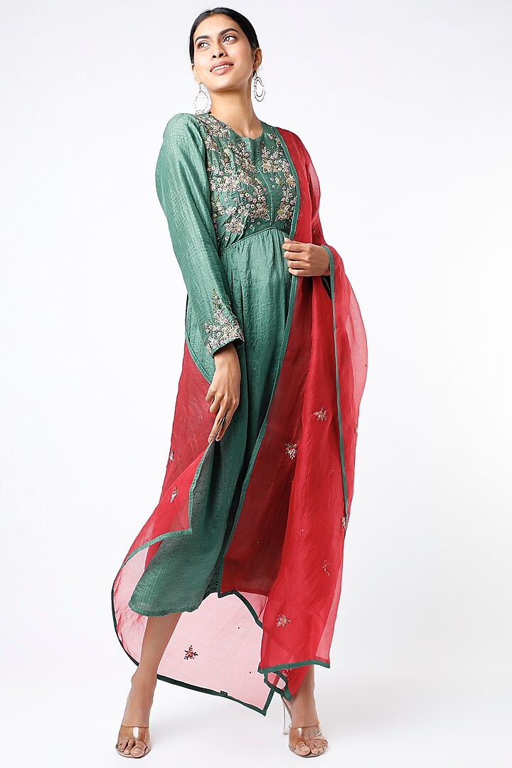 Mehendi Green Hand Embroidered Kurta With Dupatta by Bhusattva