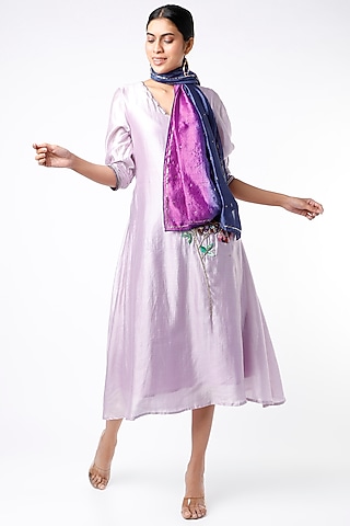 Mauve Silk Scalloped Dress With Stole by Bhusattva