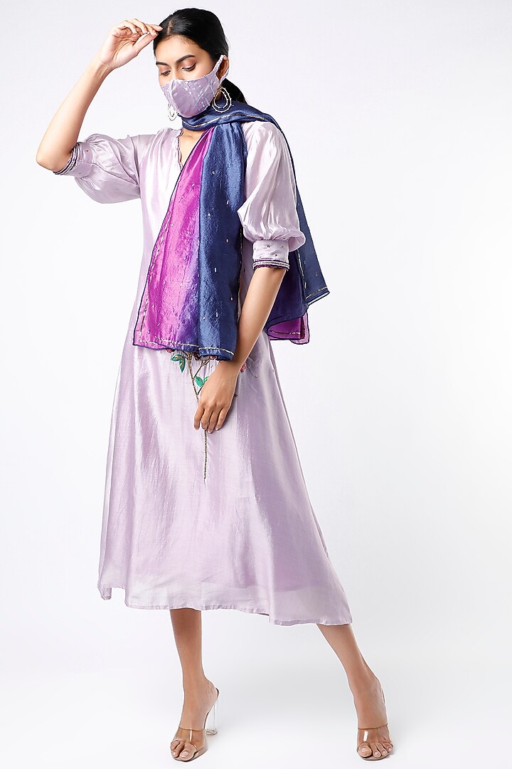 Mauve Silk Scalloped Vacation Dress With Stole by Bhusattva at Pernia's Pop Up Shop