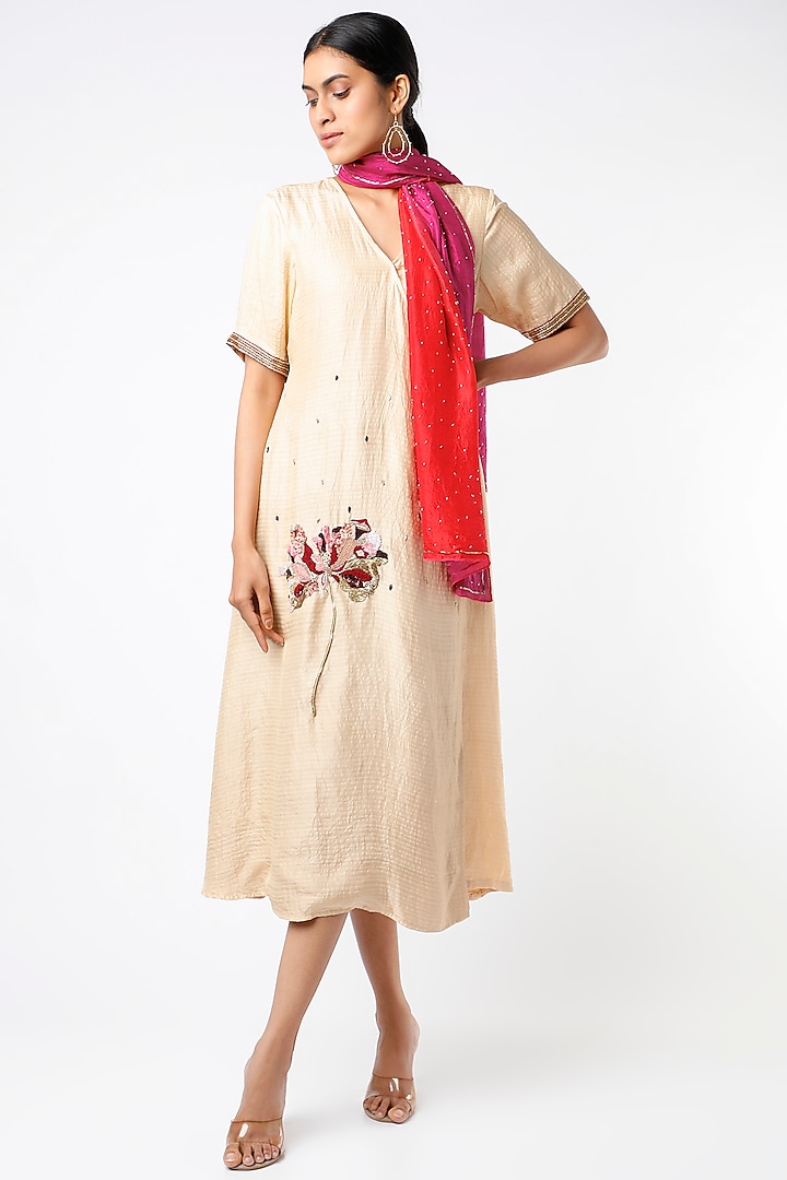 Beige Hand Embroidered Angrakha Dress With Stole by Bhusattva