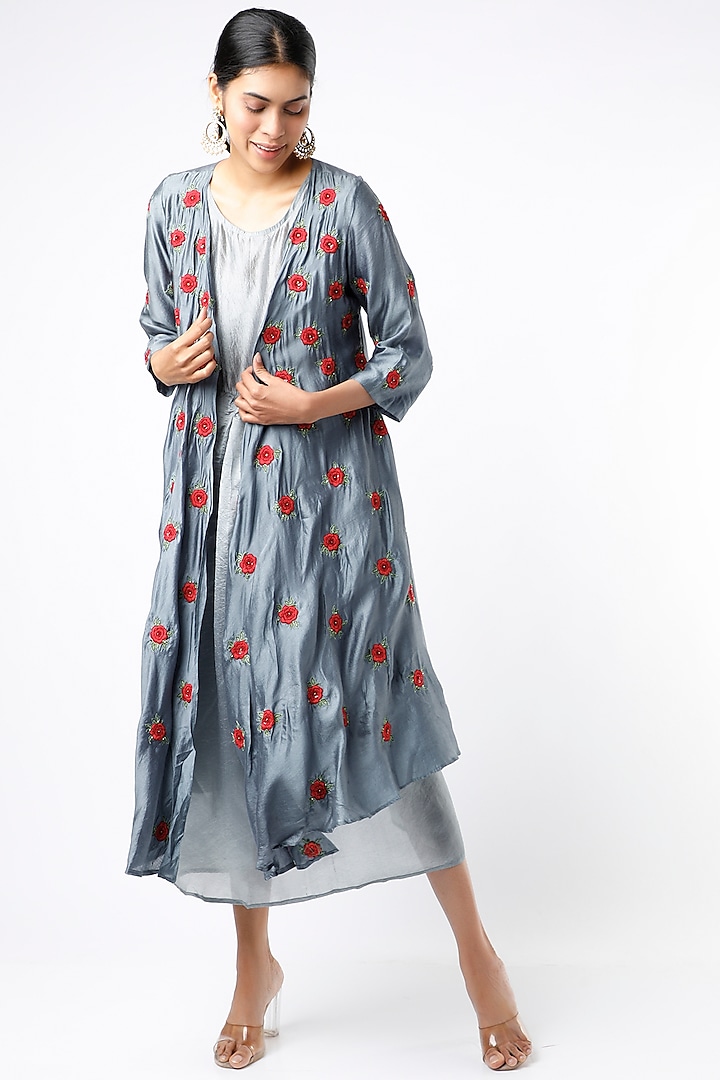 Grey Hand Embroidered Long Shrug Dress by Bhusattva
