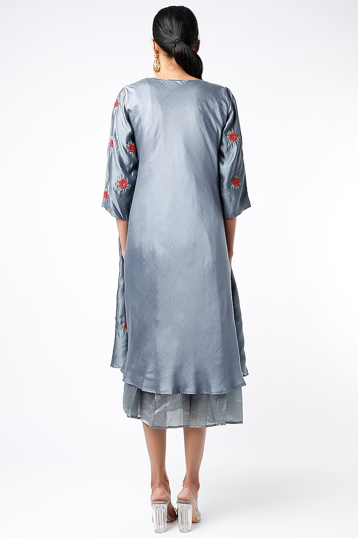 Grey Hand Embroidered Long Shrug Vacation Dress by Bhusattva at Pernia's Pop Up Shop