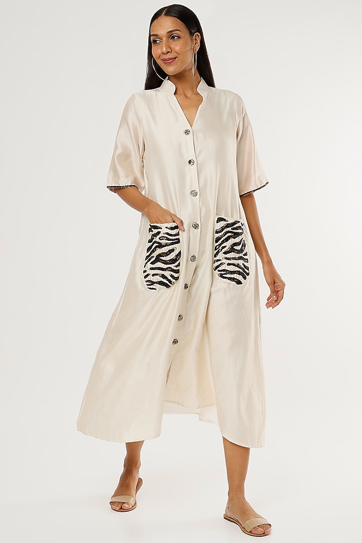 Cream Organic Silk Flared Vacation Dress With Mask by Bhusattva at Pernia's Pop Up Shop