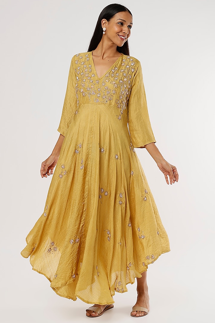 Cream Yellow Embroidered Asymmetrical Dress by Bhusattva