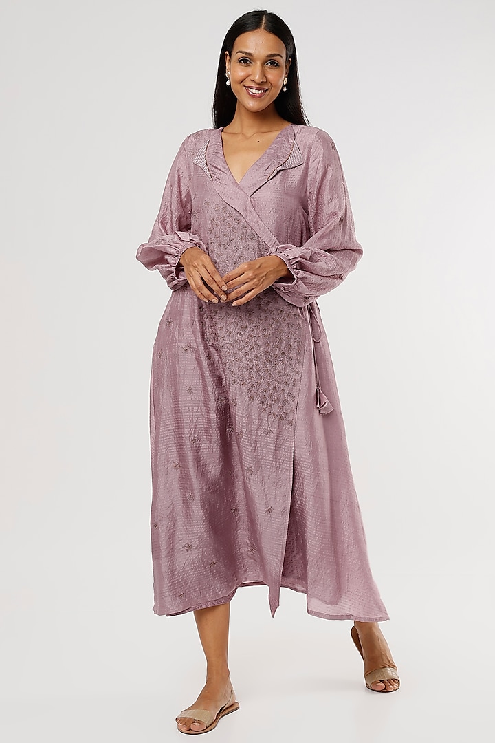 Lavender Embroidered Wrap Dress by Bhusattva