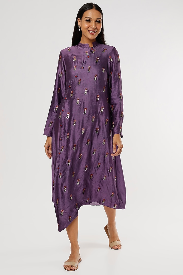 Iris Purple Embroidered Asymmetrical Dress by Bhusattva