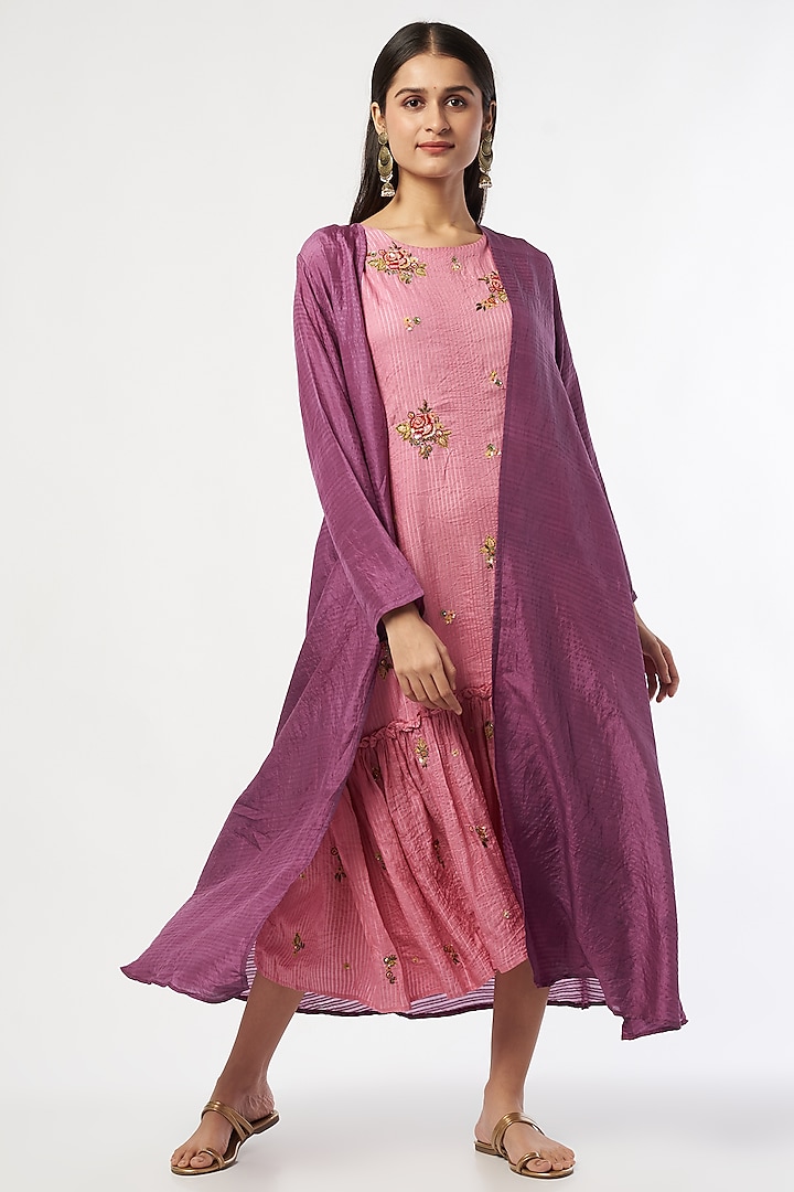 Baby Pink Embroidered Jacket Dress by Bhusattva