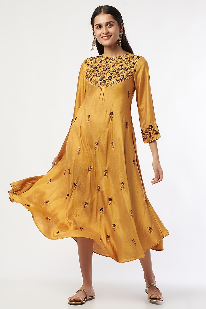 Gold Mustard Embroidered Dress by Bhusattva