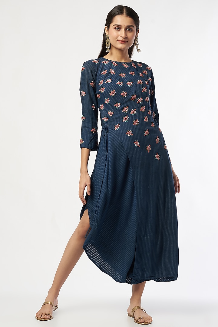 Yale Blue Embroidered Asymmetrical Dress by Bhusattva