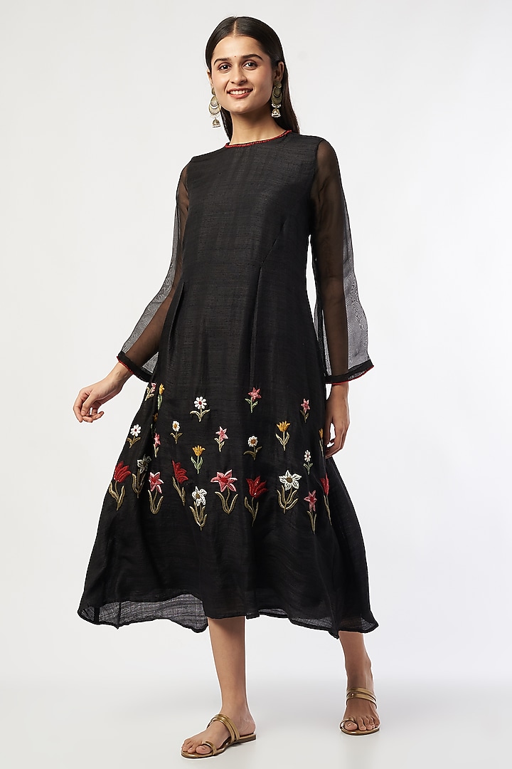 Black Embroidered A-Line Dress by Bhusattva